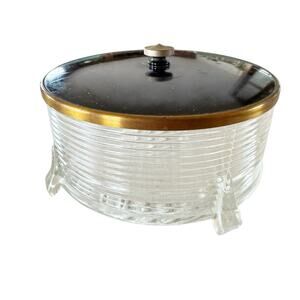 Vtg. Art Deco Clear Ribbed Glass Brass & Black Powder Jar with Lid Bedroom Decor